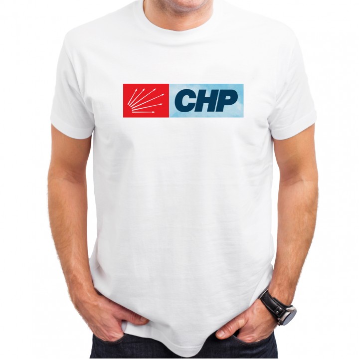 CHP Logolu Beyaz Bisiklet Yaka %100 Pamuk T-Shirt 30/1 Suprem Kısa Kollu Promosyon Model